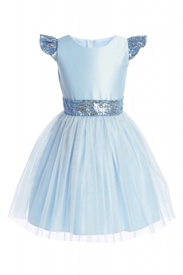 Light Blue Sequin Flutter Sleeve Dress with Satin Bodice